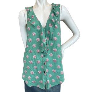 Anthropologie Maeve Green Flower Bouquet Print Sleeveless Ruffled Blouse Size 2